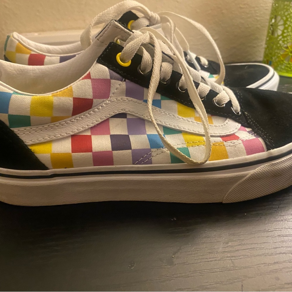 Vans Old Skool Black, White and Rainbow Checkerboard Skate Shoes